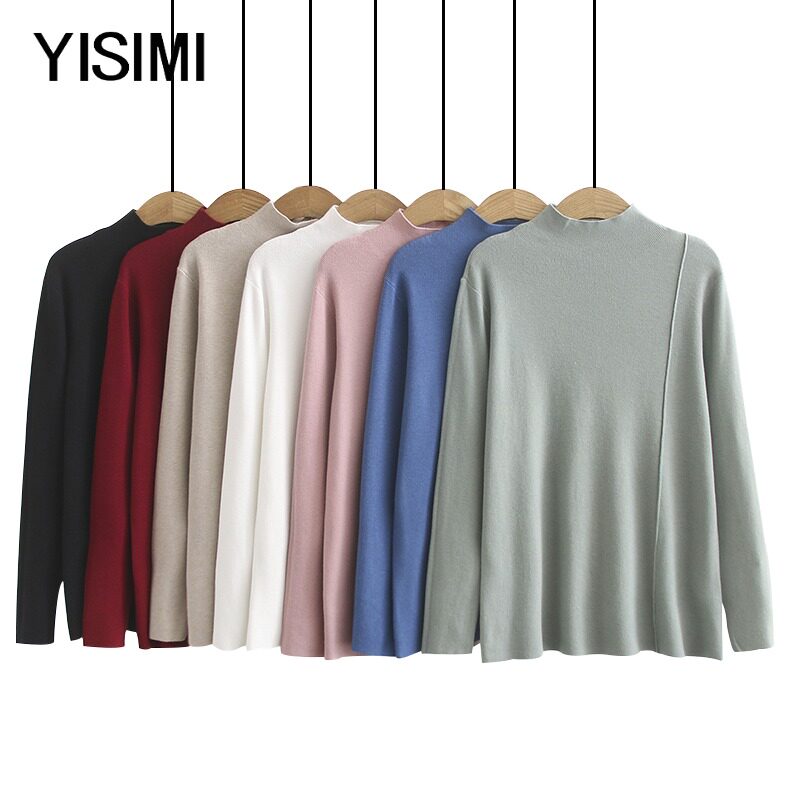 Large size women's clothes fat moms autumn winter new loose pure color long sleeve fur knit undershirt half high collar sweater