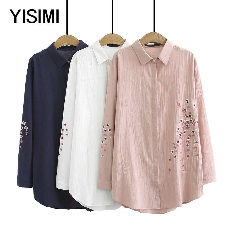 In spring middle aged women's clothing plus fattening overweight mom embroidered long sleeve shirt female old man loose shirt