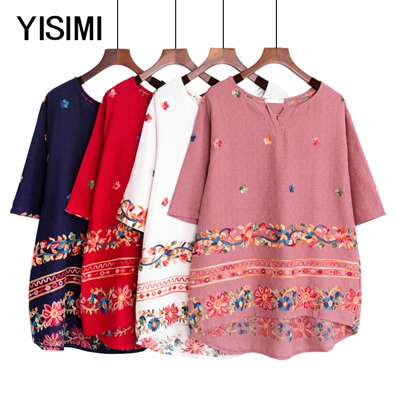 Summer plus size middle-aged women's cotton embroidered jacquard short-sleeved T-shirt women's middle-aged fat mom long-sleeved top