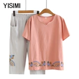 Тонкая летняя одежда для матери для пожилых людей, футболка, комплект, большой размер, для среднего возраста, эластичная талия