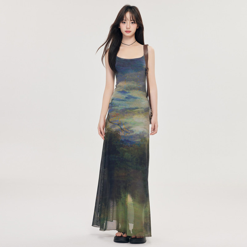 Ergui Elastic Suspender Dress, Summer Elegant Long Dress, Slim Fit Tie-Dye Mesh Slimming Retro One-Piece Dress