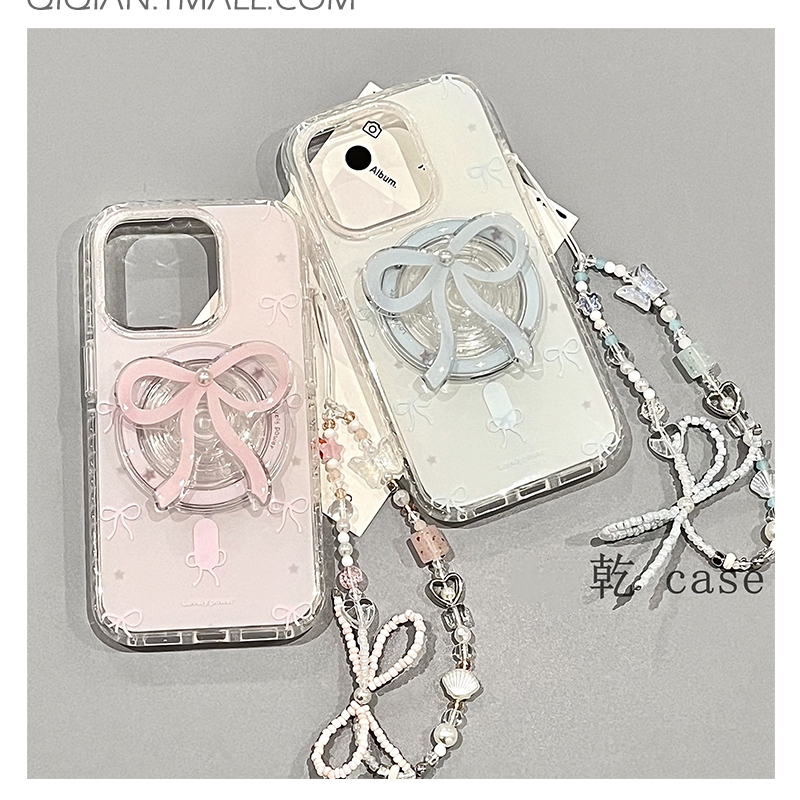 Pearl Bow Magnetic Stand Suitable for Apple 16Promax Phone Case 15Pro/15Plus/ iPhone 13 /13Mini with Chain 14Pro/Xs Creative 87Plus/16E/11P