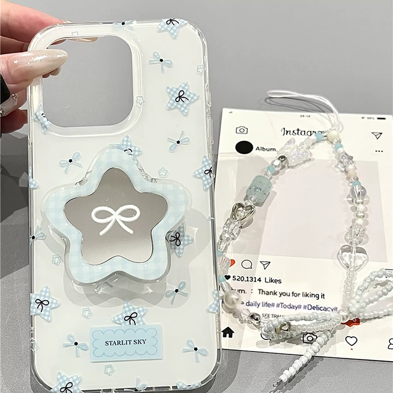 Bowknot Star Mirror Stand Suitable for Nubia Z60Pro Phone Case Z80 Ultra/Z70/Z50Spro/Zte-A51/Z11 with Chain Max/N2/11Pro Makeup Touch-Up 10Air