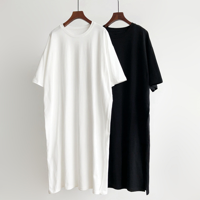 Plus-Size Solid Color Slit T-Shirt Dress, Summer Thin Casual Short-Sleeve Dress, Slimming Long Dress for Summer, Large Size 100kg
