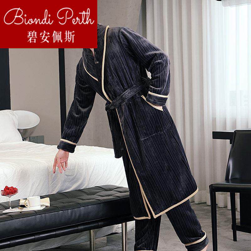 Men's winter sleeping robes thickened pyjamas autumn winter flannel two sets of coral suede long sleeves plus 1224b-Taobao