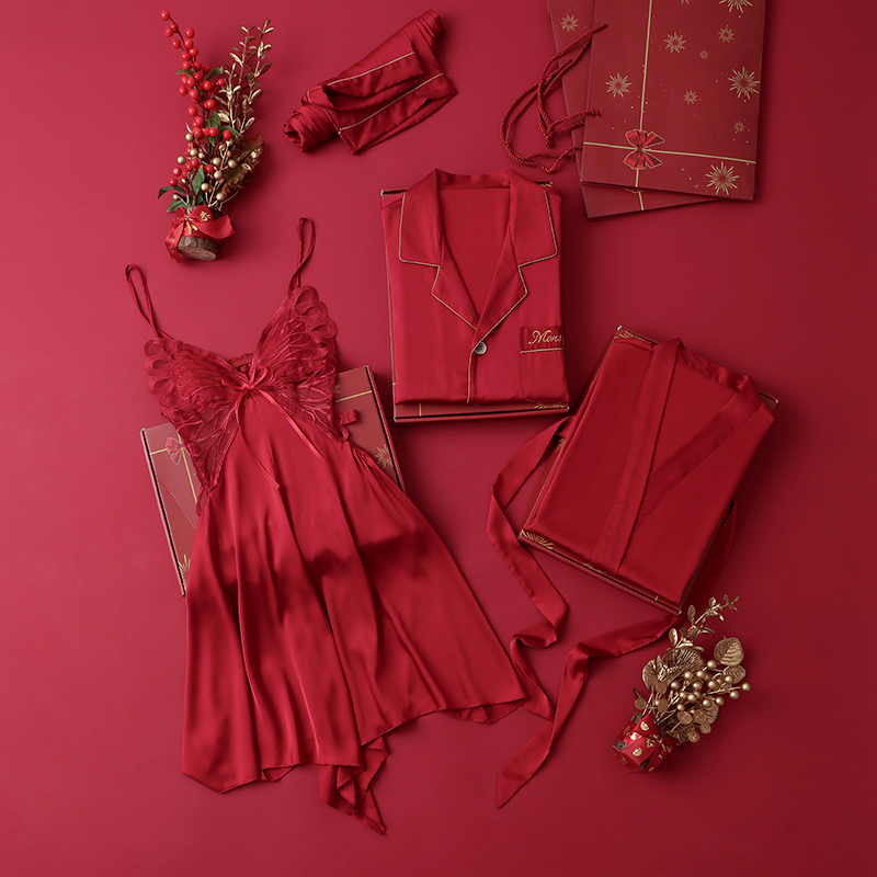 Red Wedding Ice Silk Couple Pajamas Gift Set, Sexy Two-Piece Set for Women, Long-Sleeved Festive Loungewear for Men, Suitable for Spring and Autumn