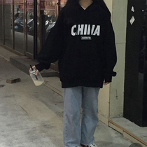 Ins super fire sweater womens autumn and winter new Korean version hooded thickened black jacket trendy students loose lazy top