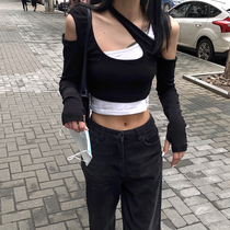 Ins super hot long-sleeved T-shirt womens spring and autumn Korean version of the niche design sense irregular short bottoming shirt slim body clothes