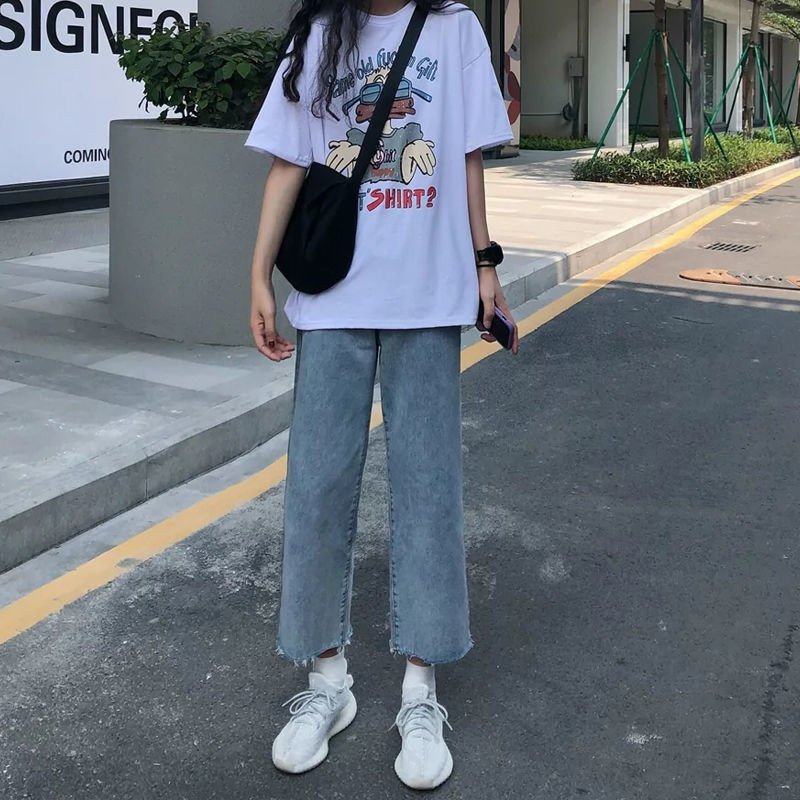 ins casual suit female summer Korean version net red harbor wind half sleeve T-shirt short sleeve broadside hair side high waist 90% jeans