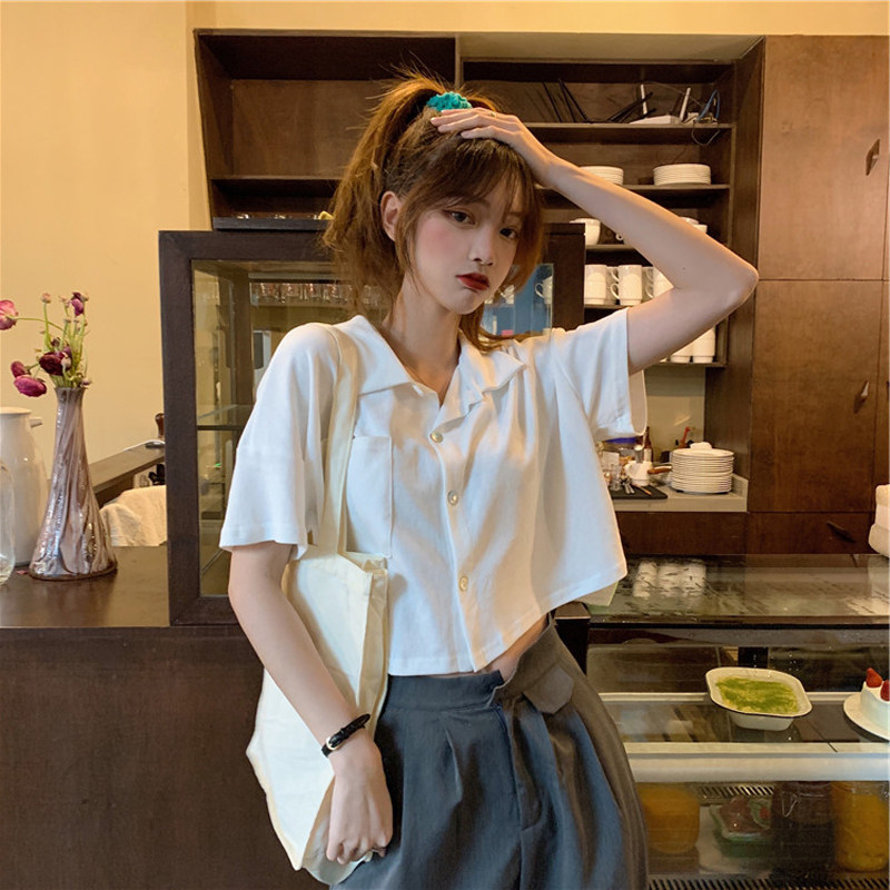 High waist short sleeves Short sleeves Women loose Summer 2020 new polo shirt short sleeves V pilotage with thin white blouses