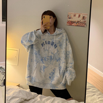 Ins super hot tie-dye sweater womens spring and autumn Korean version hooded thin jacket trendy lazy students loose all-match tops