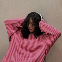 Ins super fire sweater female autumn Korean version retro long-sleeved round neck striped thin coat student loose lazy top