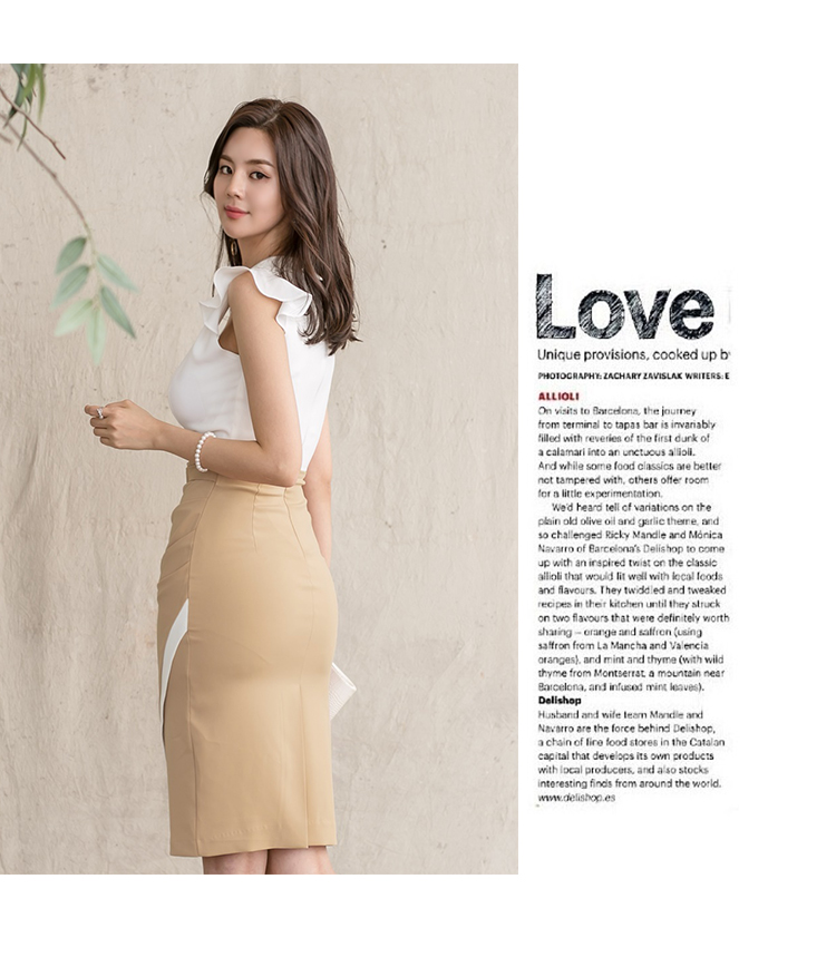 VK旗艦店 韓系V領氣質荷葉拼接修身包臀無袖洋裝