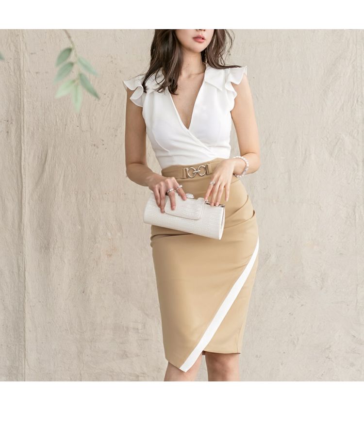 VK旗艦店 韓系V領氣質荷葉拼接修身包臀無袖洋裝