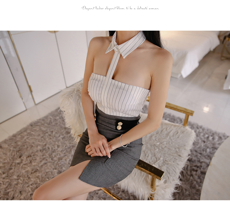 VK旗艦店 韓系立領性感掛脖露肩包臀修身短裙無袖洋裝