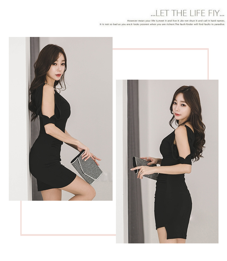 VK旗艦店 韓系時尚V領金屬露肩吊帶修身包臀短袖洋裝