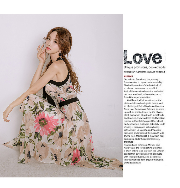 VK旗艦店 韓系碎花露肩掛脖印花不規則系帶無袖洋裝