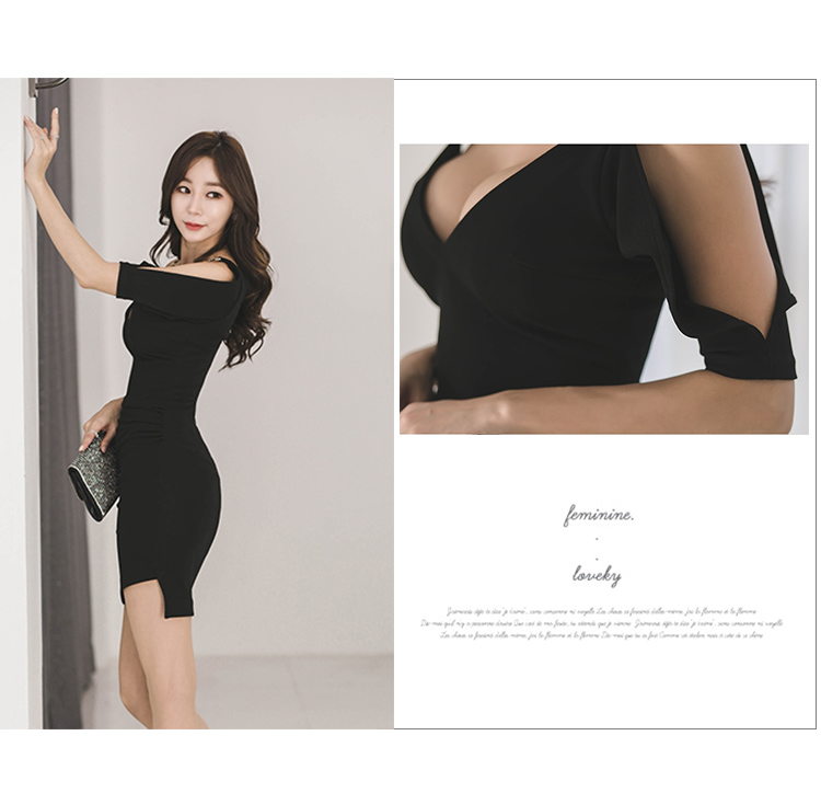 VK旗艦店 韓系時尚V領金屬露肩吊帶修身包臀短袖洋裝