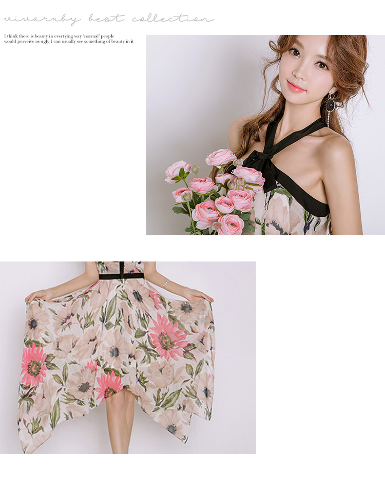 VK旗艦店 韓系碎花露肩掛脖印花不規則系帶無袖洋裝