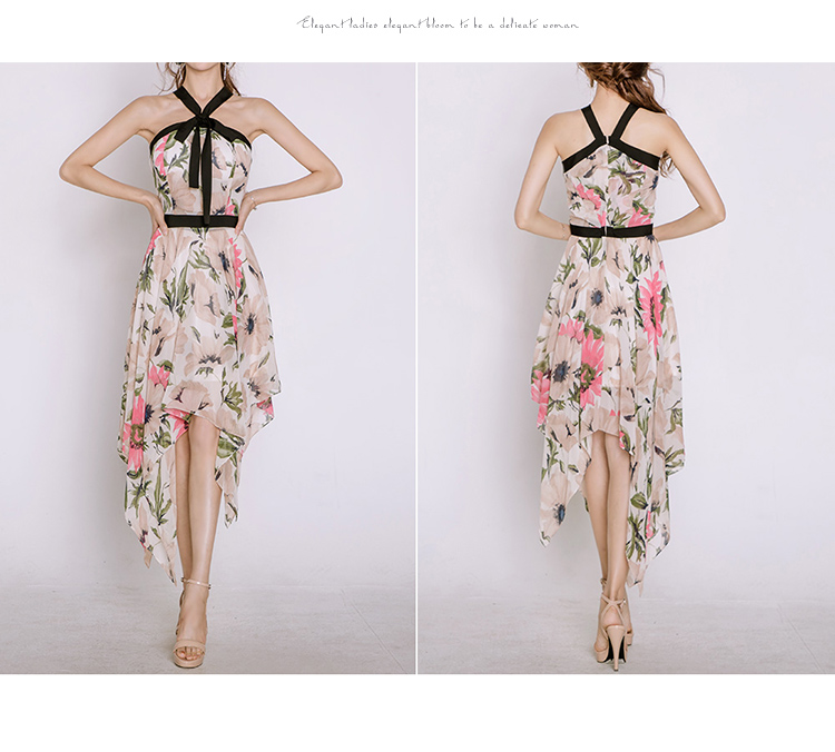 VK旗艦店 韓系碎花露肩掛脖印花不規則系帶無袖洋裝