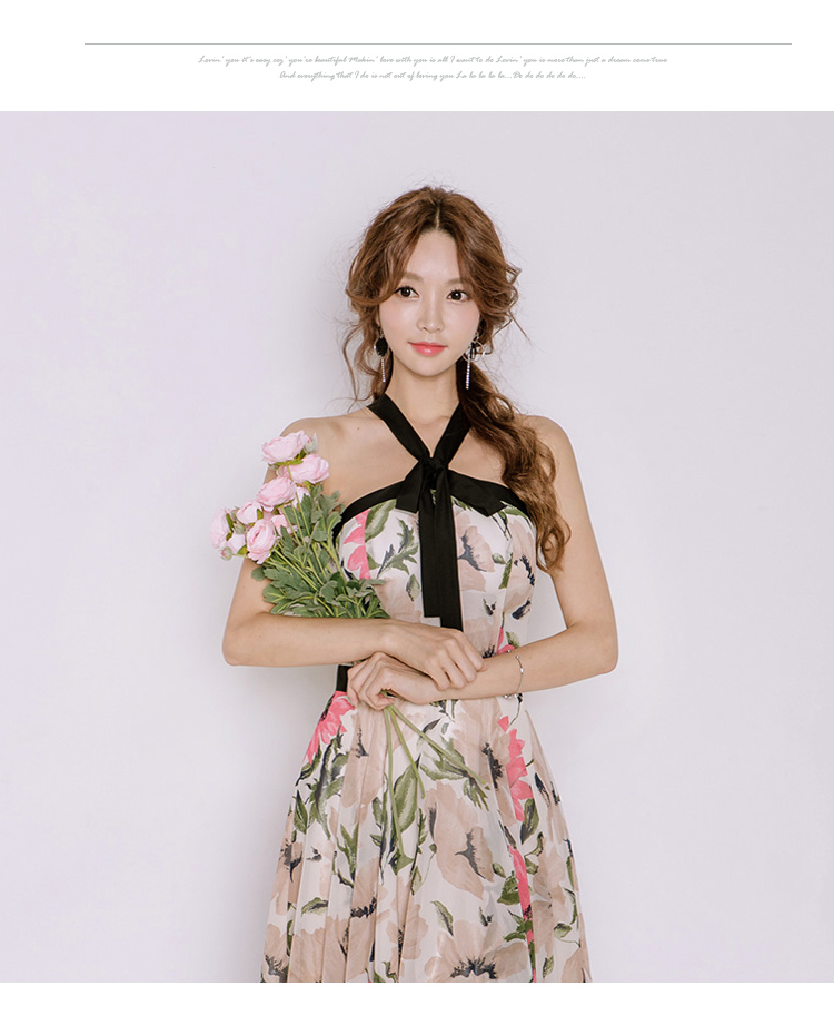 VK旗艦店 韓系碎花露肩掛脖印花不規則系帶無袖洋裝