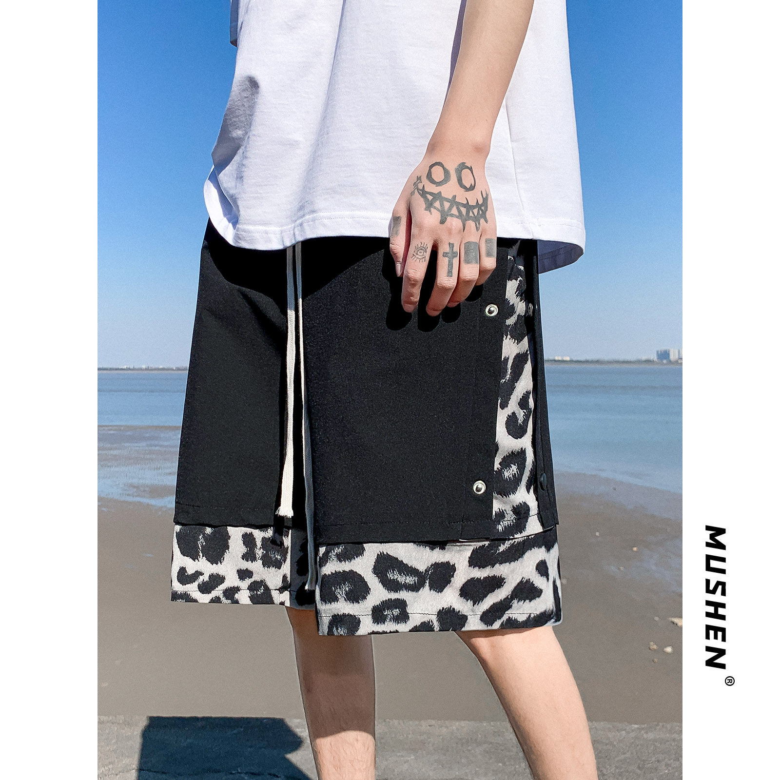 ins Port wind casual shorts boys trendy handsome breasted stitching BAO Wen summer new net red high street 5 points pants