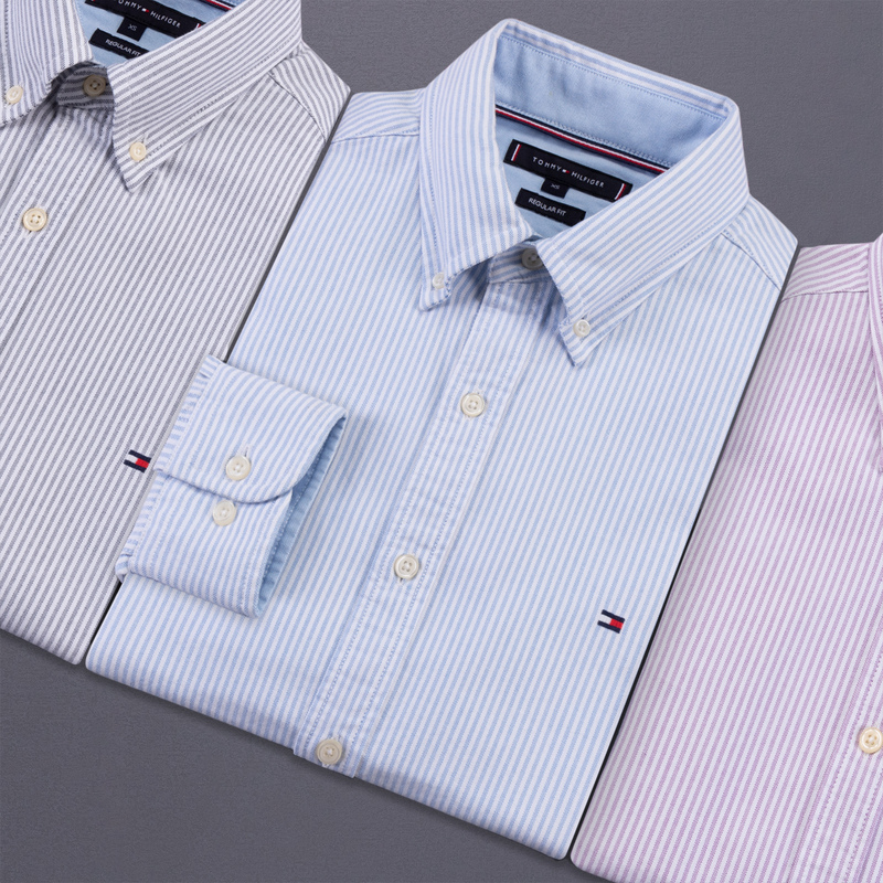 2026 Spring New Arrivals in Stock North American Tommy Men's Long Sleeve Shirt Plus Size Striped Non-Iron Casual Shirt