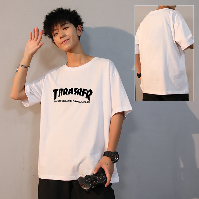 342 White [Loose]Port style Short sleeve male T-shirt summer Thin easy trend Ice feeling jacket solar system Heavy cotton T-shirt elbow sleeve Compassionate