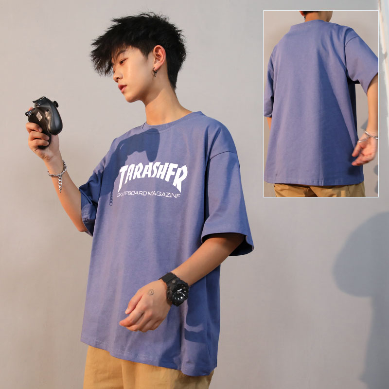 342 Light Purple [Loose Style]Port style Short sleeve male T-shirt summer Thin easy trend Ice feeling jacket solar system Heavy cotton T-shirt elbow sleeve Compassionate