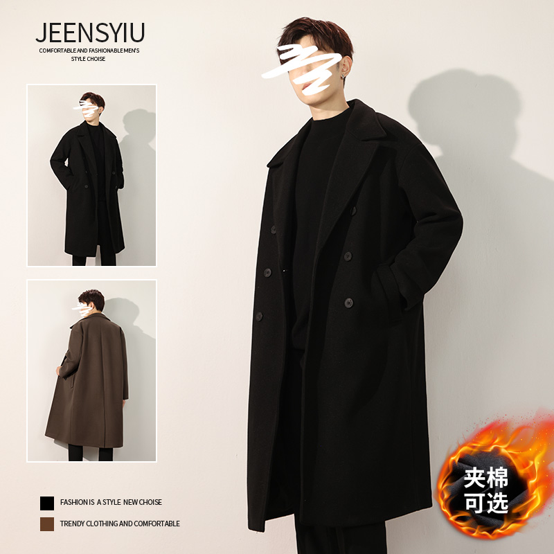 Windcoat jacket men's winter double-row buttoned black with long fur, and men's autumn and winter models for men's clothes