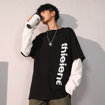 Fake two-piece t-shirt mens long-sleeved tide brand spring and Autumn loose ins Hong Kong style student clothes Korean version of the couples top trend