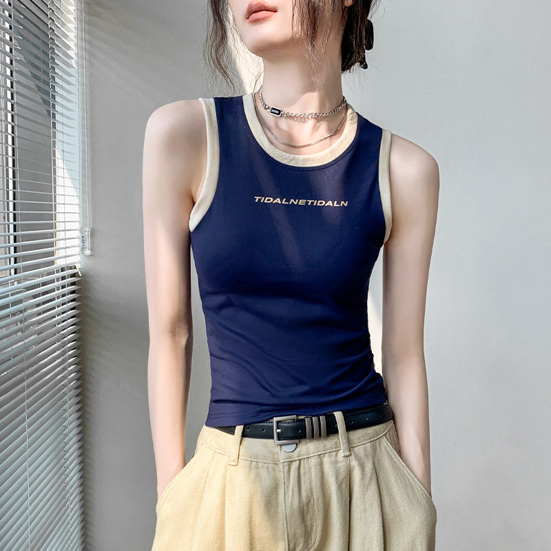 Victoria Forest~ American-Style Color-Blocked Round-Neck Camisole for Women~ Slim-Fitting, Slimming, Sleeveless Top for Layering or Wearing Alone