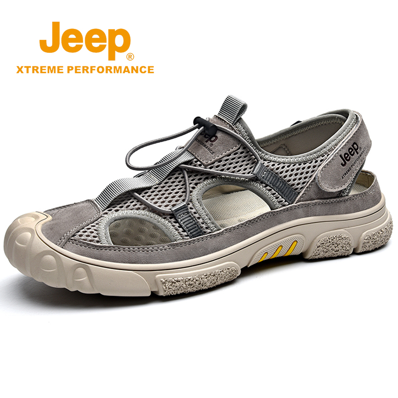 jeep sandals men's summer new hollowed-out breathable genuine leather beach shoe men outside wearing non-slip Baotou Driving shoe tide