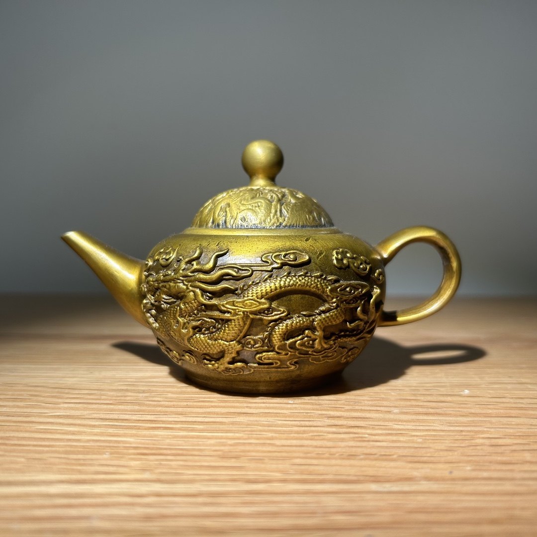 黄铜龙凤壶水滴壶铜壶双龙壶工艺品摆件纯铜仿古茶壶铜器铜摆件-淘宝