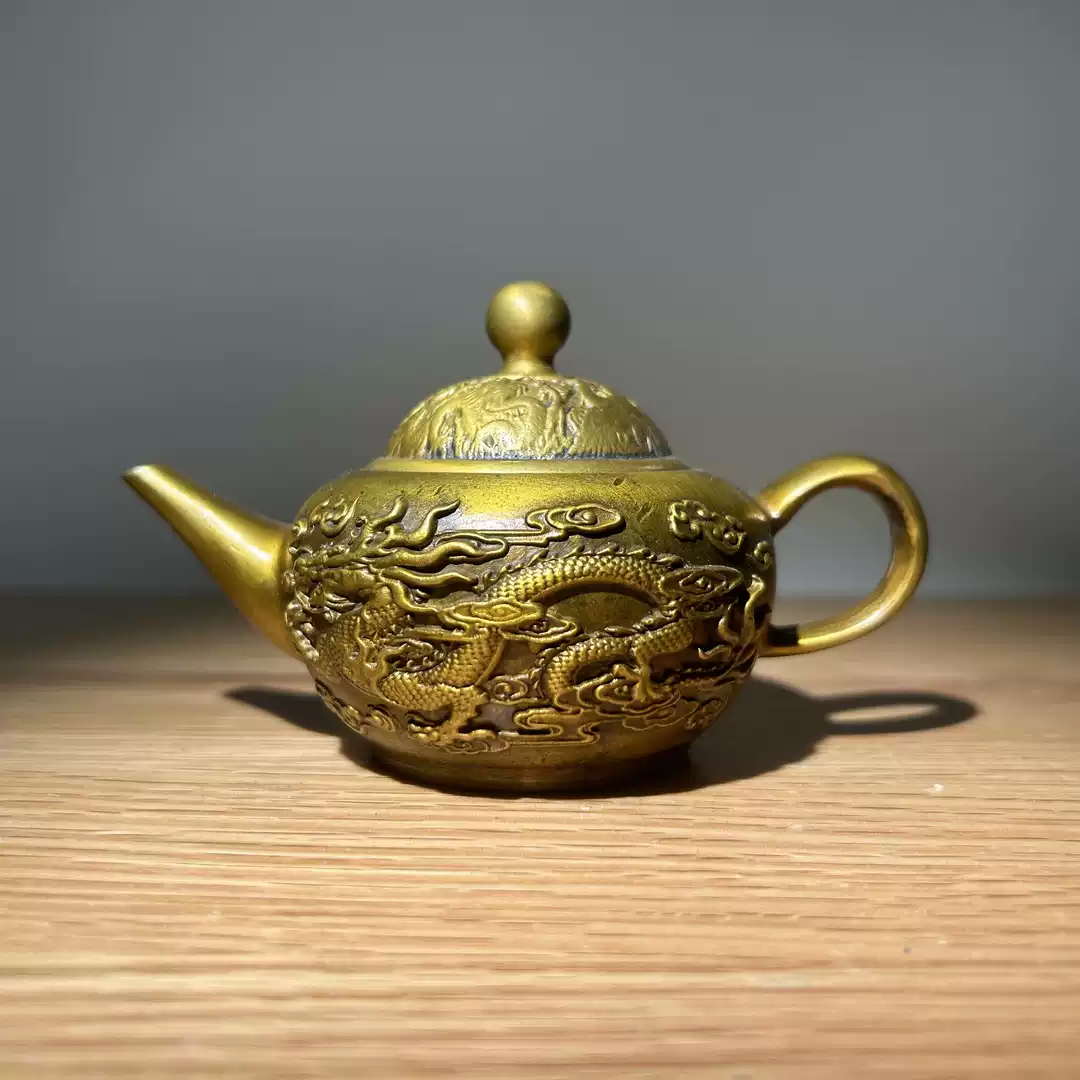 黄铜龙凤壶水滴壶铜壶双龙壶工艺品摆件纯铜仿古茶壶铜器铜摆件-淘宝