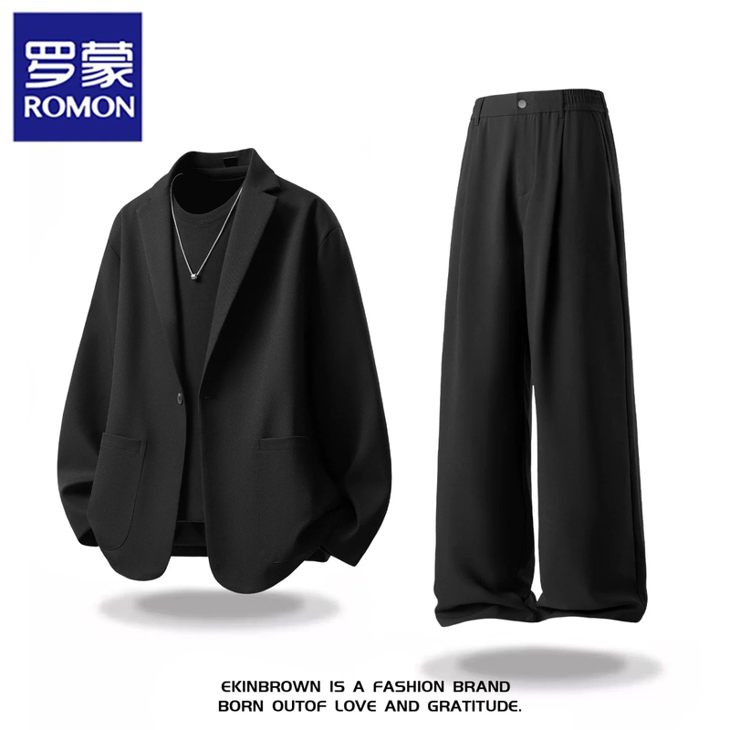 Romon Spring and Autumn Casual Suit Men's Loose Blazer + Wide-Leg Trousers Business Casual Two-Piece Set