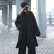 Dark Yamamoto style womens black windbreaker spring and autumn thin long coat tide cool handsome gas salt Japanese