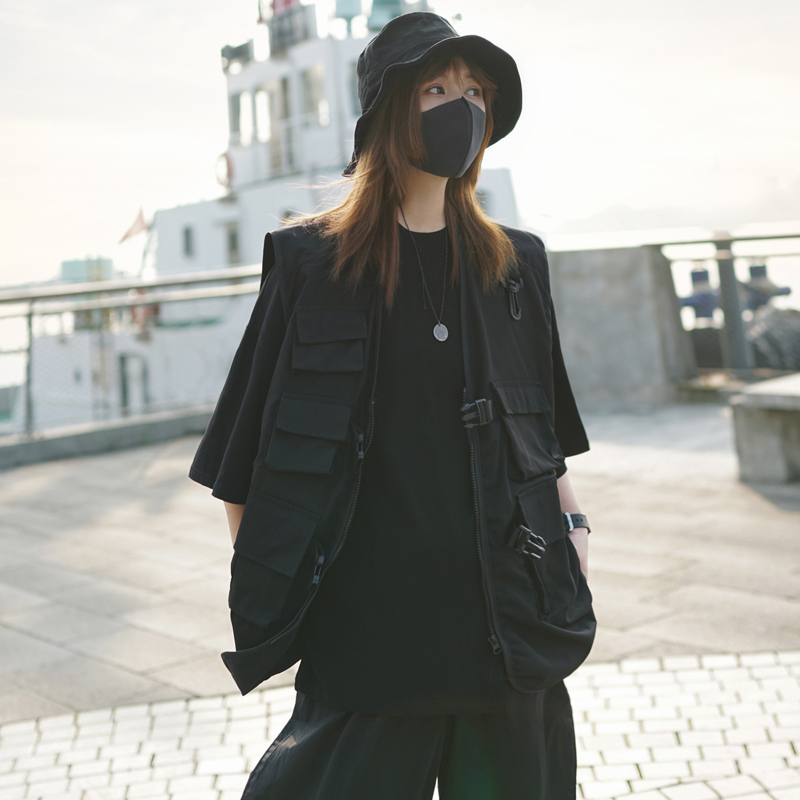 Summer Thin Dark Functional Style Women's Workwear Vest Outerwear Sleeveless Jacket Cool Street Style Outfit
