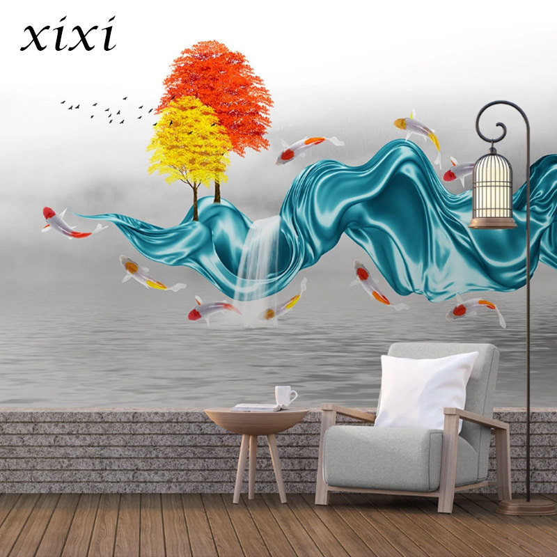 Graffiti blue creative red sun wall covering master bedroom wallpaper wallpaper Nordic bedside background wall 8d mural hand-painted abstract