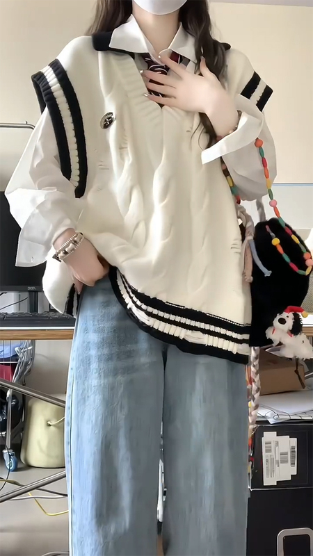 College Style Vest and Shirt Two-Piece Set for Women, Spring and Autumn 2025 New Korean Style Loose Sleeveless Knitted Sweater Vest