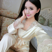 Lady Spring Summer Season Lady Emulation Silk Pyjamas Embroidered to the flap lace Silk Home Clothing Silk thin and long sleeves Long pants cover