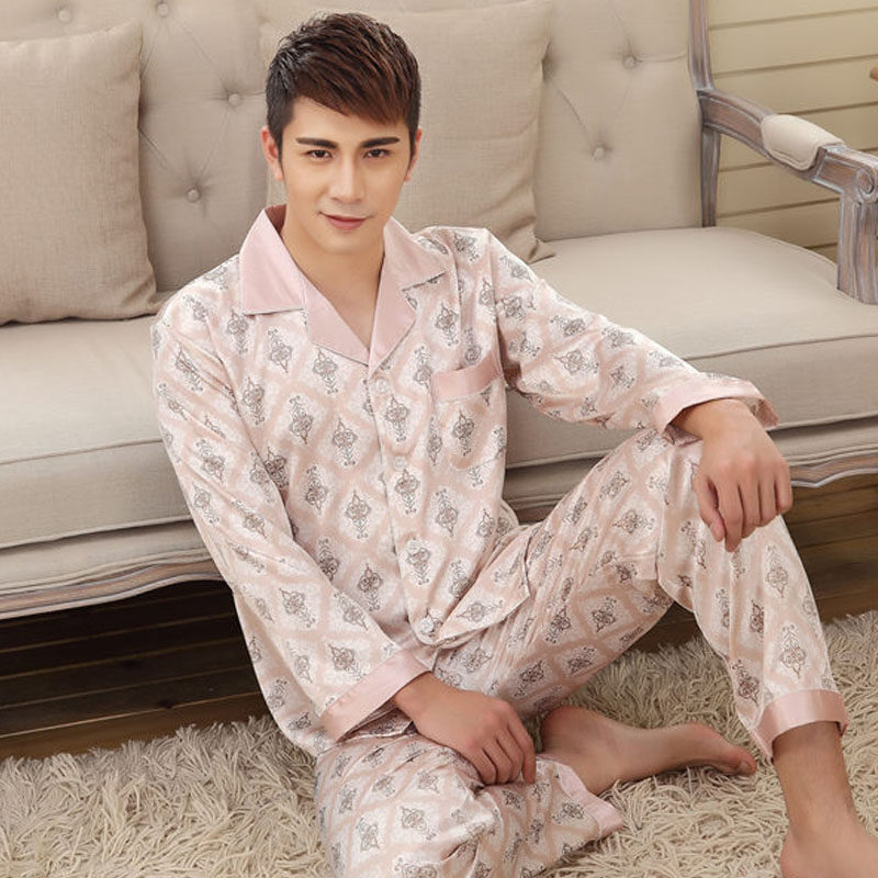 Men's Large Size Silk Pajamas Summer Youth Loose Plus Size Thin Long Sleeve Silk Casual Homewear Set