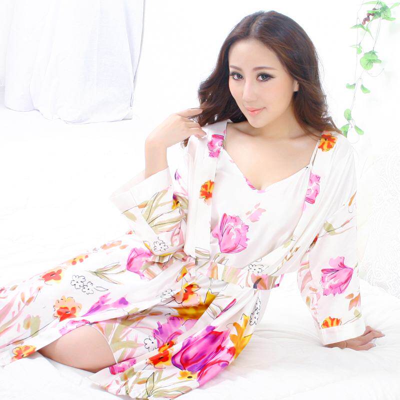 (Zero Head Ex-gratia) Sleepwear Women's Summer Sleeping Dresses Sexy Summer Ice Silk Bathrobe Sleeping Robes Slim Bathing Suits and kimono