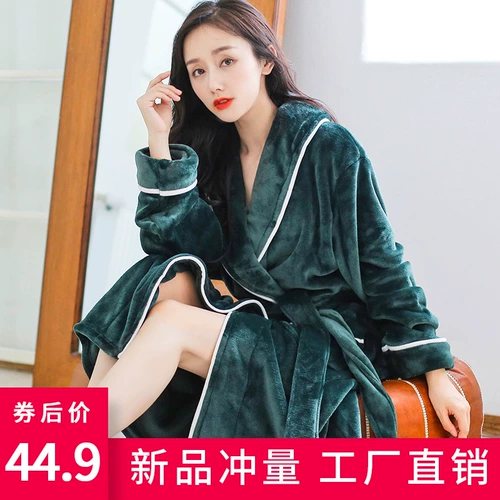 Демисезонный фланелевый банный халат, длинная коралловая бархатная пижама для школьников для влюбленных, увеличенная толщина