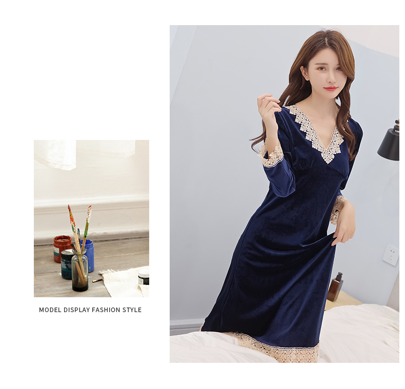 Váy ngủ ren của phụ nữ mùa thu và mùa đông nhung vàng dài tay dài của bộ đồ ngủ nhung san hô cỡ lớn mỏng có thể được mặc bên ngoài các dịch vụ gia đình đầm mặc ở nhà