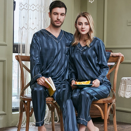 Сексуальная шелковая пижама для влюбленных, мужской тонкий весенний летний лонгслив, комплект, V-образный вырез