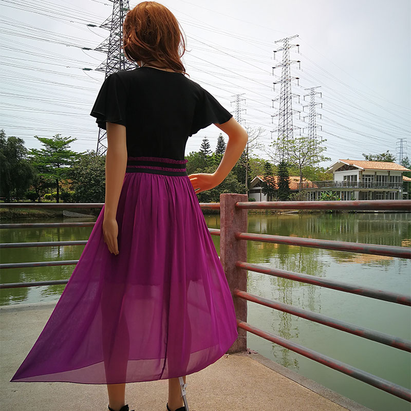 Retro của phụ nữ Châu Âu và Mỹ phong cách dệt kim voan nối thêm lớn mới ngắn tay eo giảm béo ăn mặc đầm thiết kế cao cấp