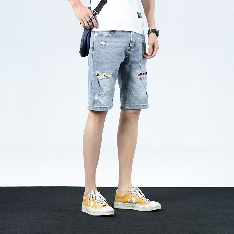 Light-coloured water-washed Hole Cowboy Shorts Male 50% Pants Elastic workout printed 50% Pants Tide Card Spirit Little Guy Pants