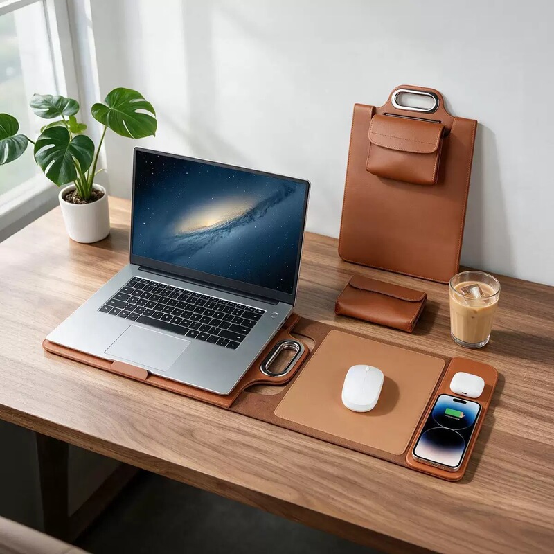 Three-In-One Leather Laptop Sleeve with Earphone and Watch Magnetic 15W Wireless Charging Pad Three-In-One Leather Laptop Sleeve with Earphone and Watch Magnetic 15W Wireless Charging Pad