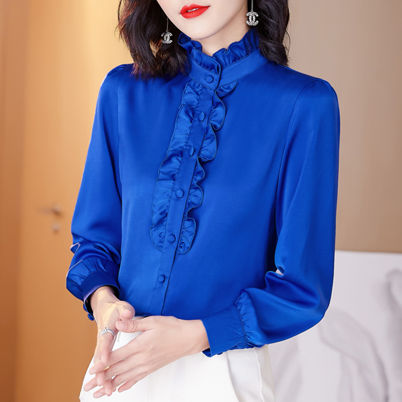 Blue Shirt for Women, Seasonal Wear for Spring, Autumn, and Winter, 2026 New Style, Fashionable and Stylish Top, Satin Long-Sleeve Shirt